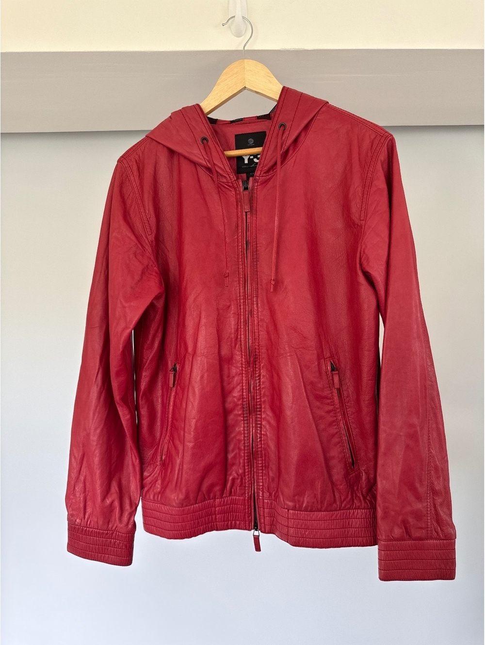 Y-3 Yohji Yamamoto Hooded Leather Jacket Red Adidas Men's Small Full Zip